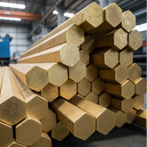 Stack of hexagonal brass bars in a warehouse setting