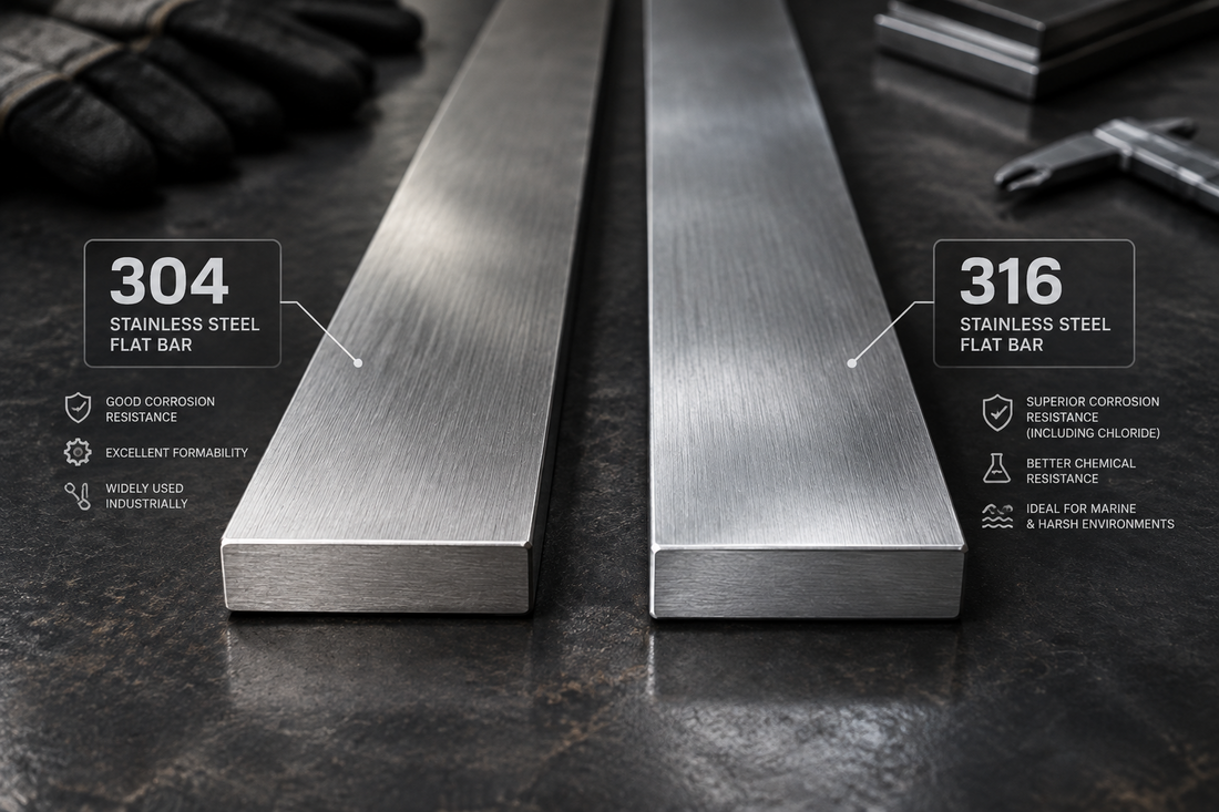 304 and 316 stainless steel flat bars side by side, showing the two grades available cut to length from Cut Length Metals.