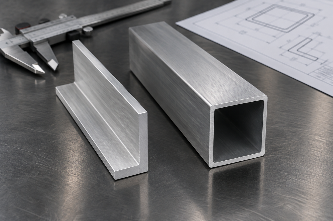 Aluminium angle beside hollow aluminium box section, showing the difference between the two profiles.