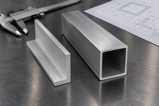 Aluminium angle beside hollow aluminium box section, showing the difference between the two profiles.