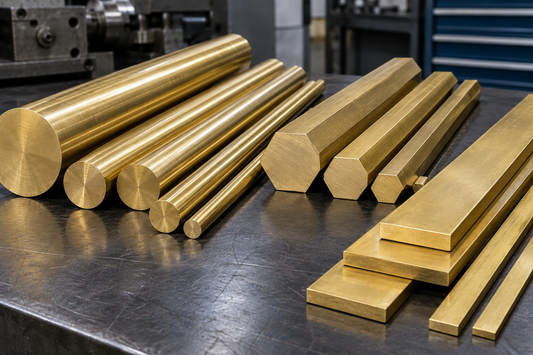 Brass bars in round, square, flat and hex profiles, showing stock shapes available for machining.
