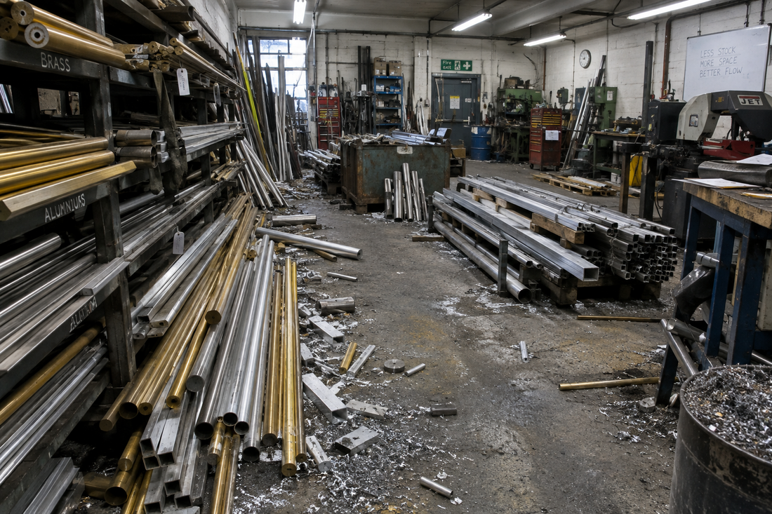 Full-length metal bars and leftover offcuts taking up workshop space. off cuts every where 