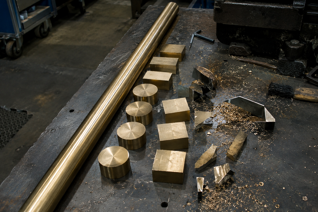 Full-length metal bar beside cut pieces and offcuts in a workshop.