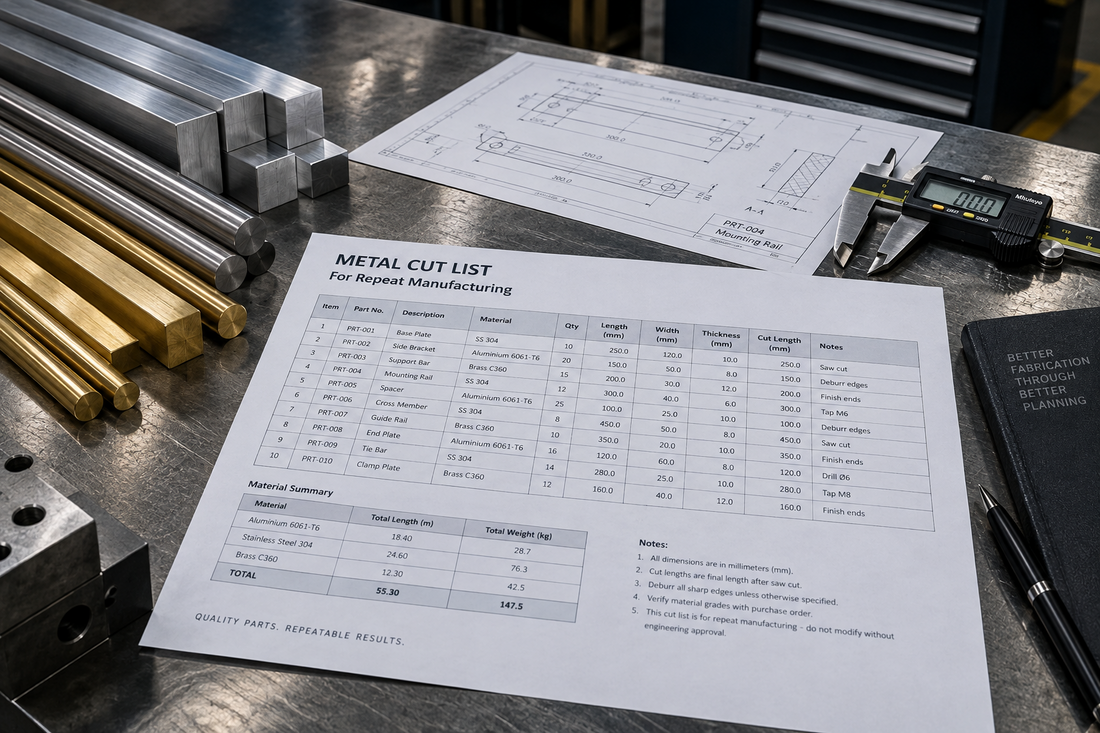 Metal pieces arranged beside a cut list showing their sizes, lengths and quantities.