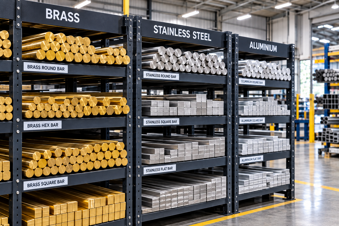 racks full of different grades and profiles of metal brass stainless and aluminium