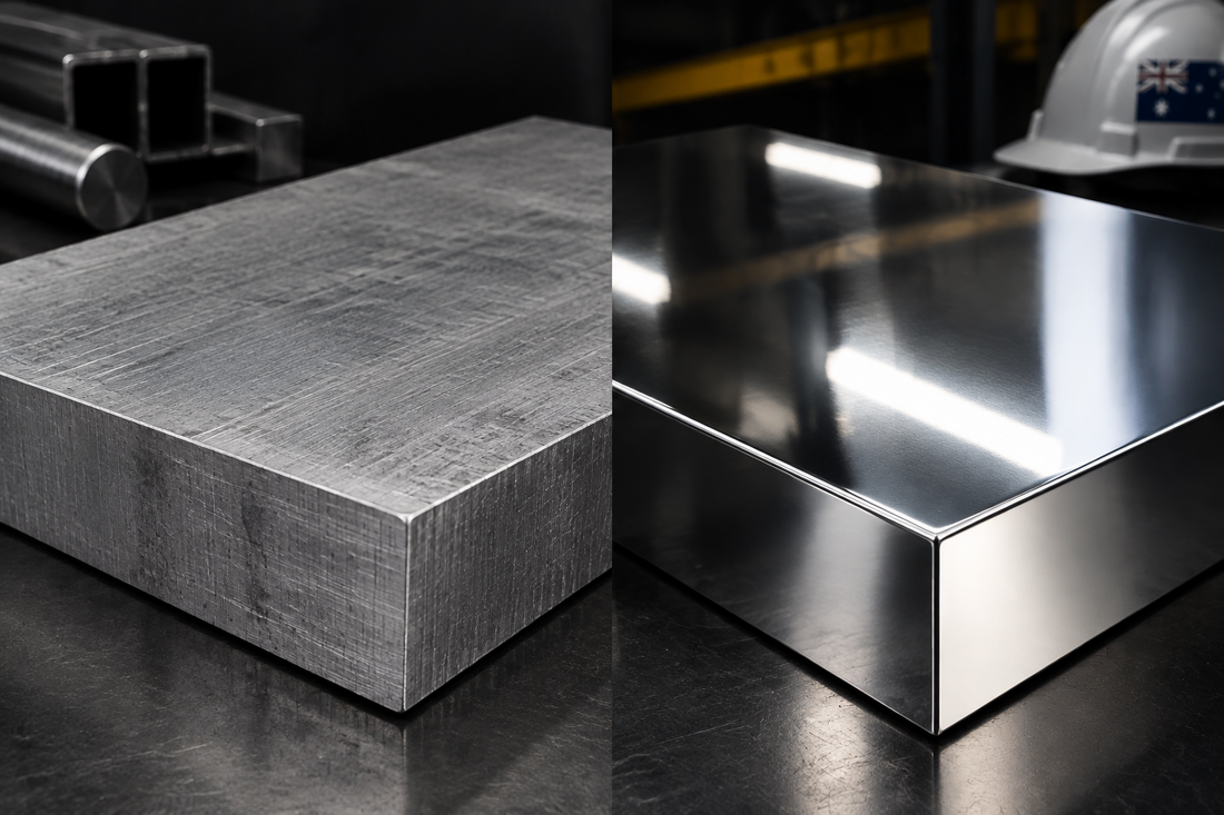 Mill finish metal beside polished metal, showing the difference in surface appearance.