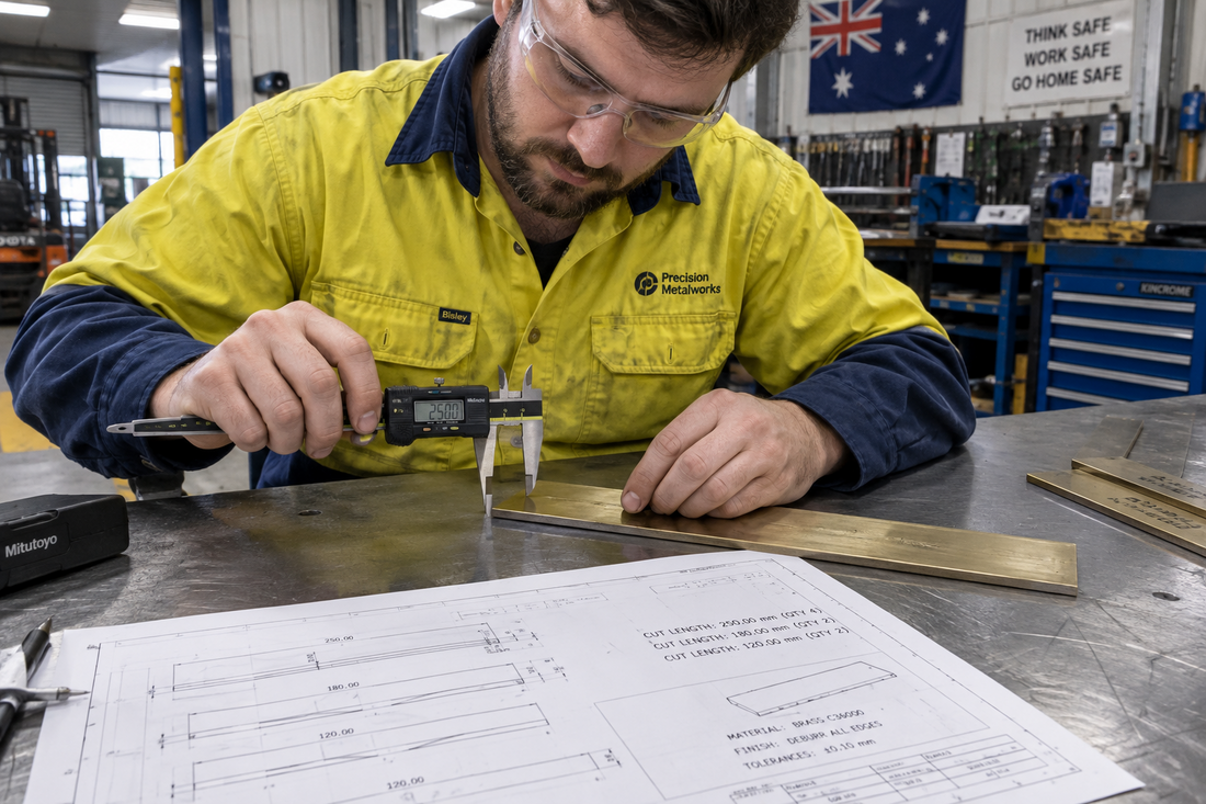 Technician checking a metal cut piece against a drawing and measuring tool.