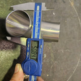 A blue digital caliper is measuring the diameter of a shiny metal tube, with a hand holding the caliper at the bottom left. The caliper display shows a measurement of 50.8mm.