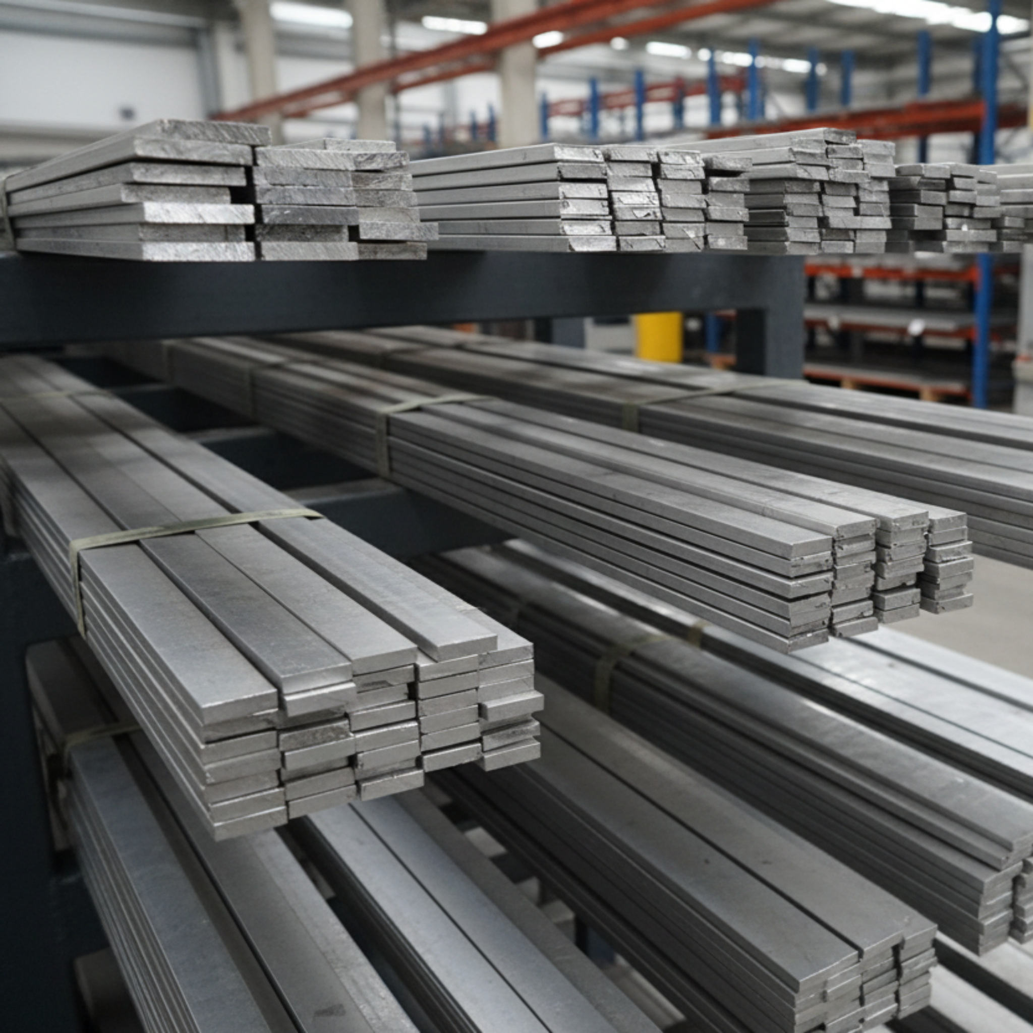 Stacks of aluminium flat bars in a warehouse setting stacked on a rack
