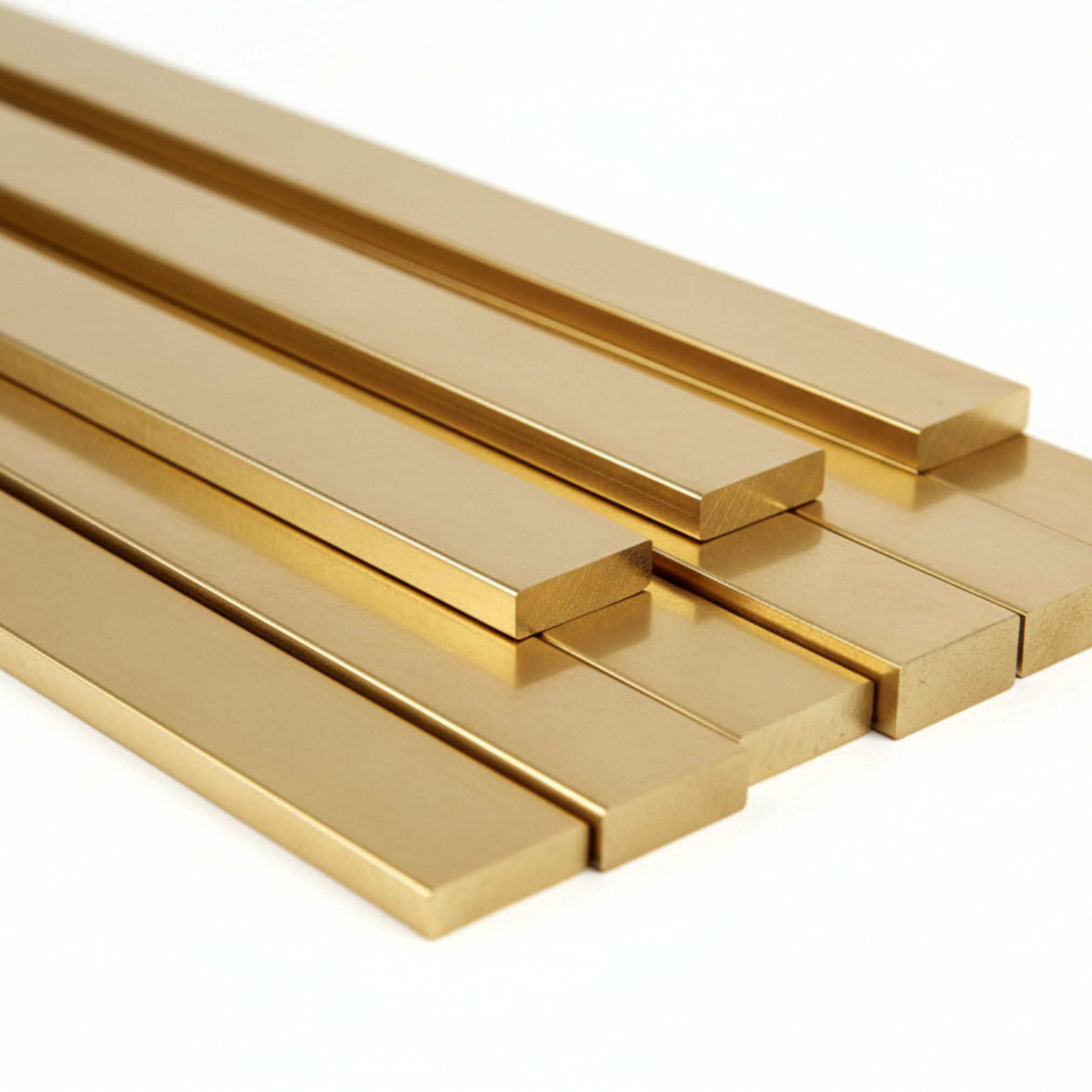 polished Brass metal bars arranged in a fan-like stack on a clean white background.