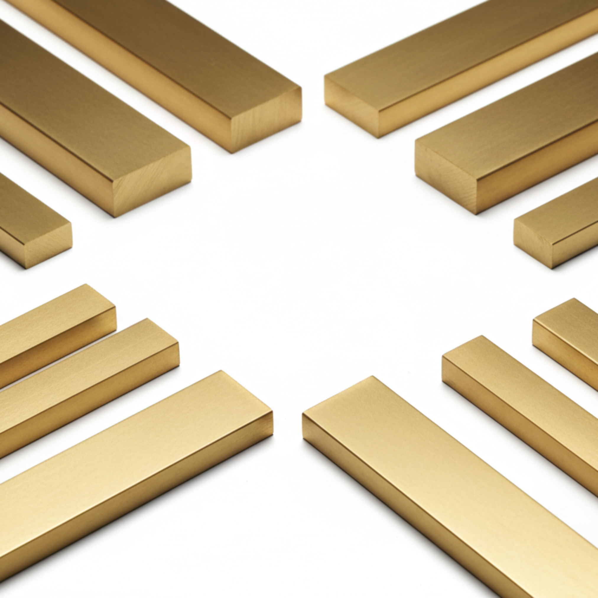 Multiple rectangular Brass metal bars arranged in a circular pattern on a plain white background.